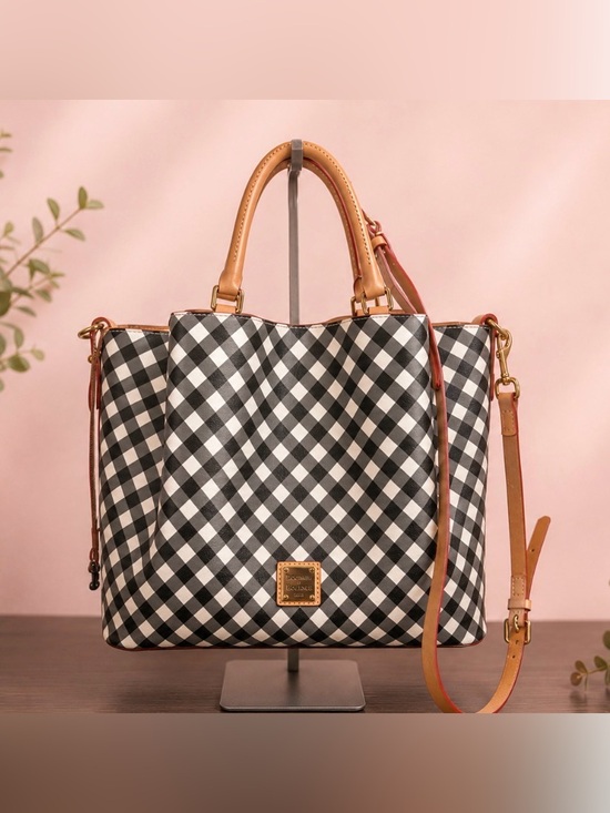 Dooney & Bourke Handbags - Dooney & Bourke Black and White Gingham Satchel with Tan Leather Trim